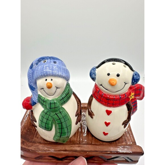 St. Nicholas Square Snowman Salt & Pepper Shakers on Sled “Button Up” Set - Picture 2 of 9